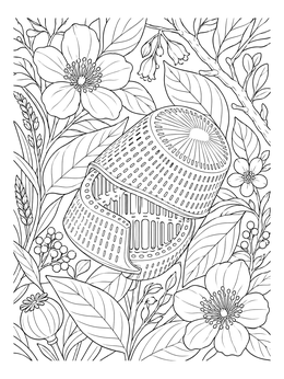 Detailed diatom frustule cross section surrounded by botanical motifs on this phytoplankton coloring page.