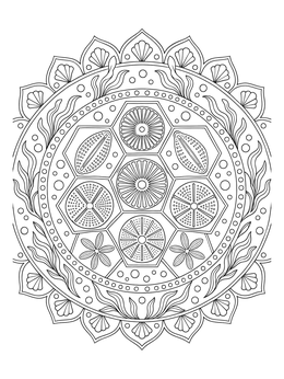 Intricate marine diatom valves arranged in a mandala on this phytoplankton coloring page.