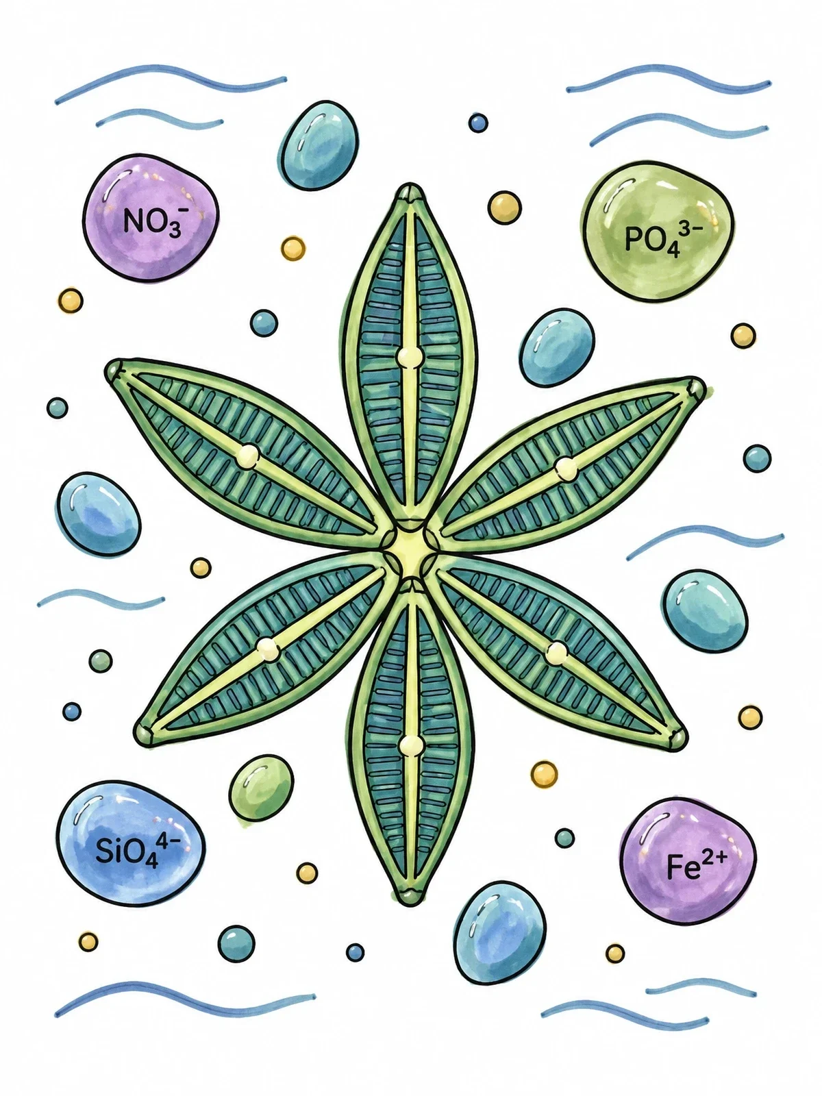 Colored example of the Star Shaped Diatom Colony And Nutrients coloring page