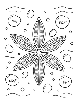 A star-shaped diatom colony in this phytoplankton coloring page with nutrient bubbles.