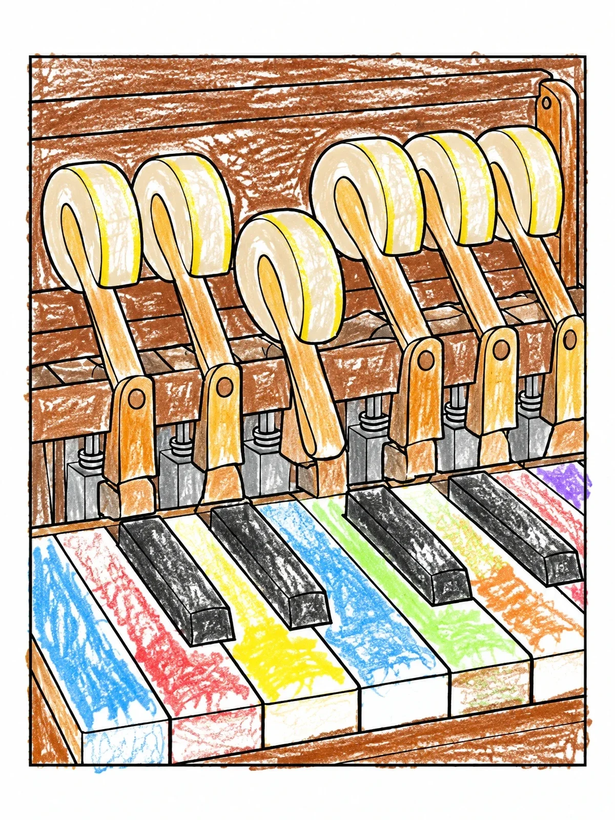 Colored example of the Piano Keys And Action Mechanism coloring page