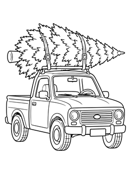 A vintage pickup truck carrying a large evergreen tree on its roof rack in this christmas truck coloring page.