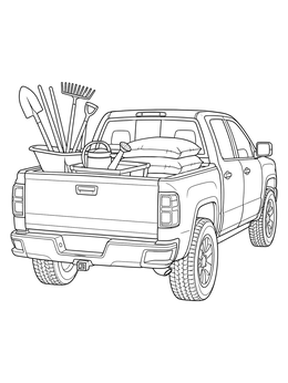 Detailed truck coloring page showing a pickup loaded with garden tools, bags of soil, and a watering can.