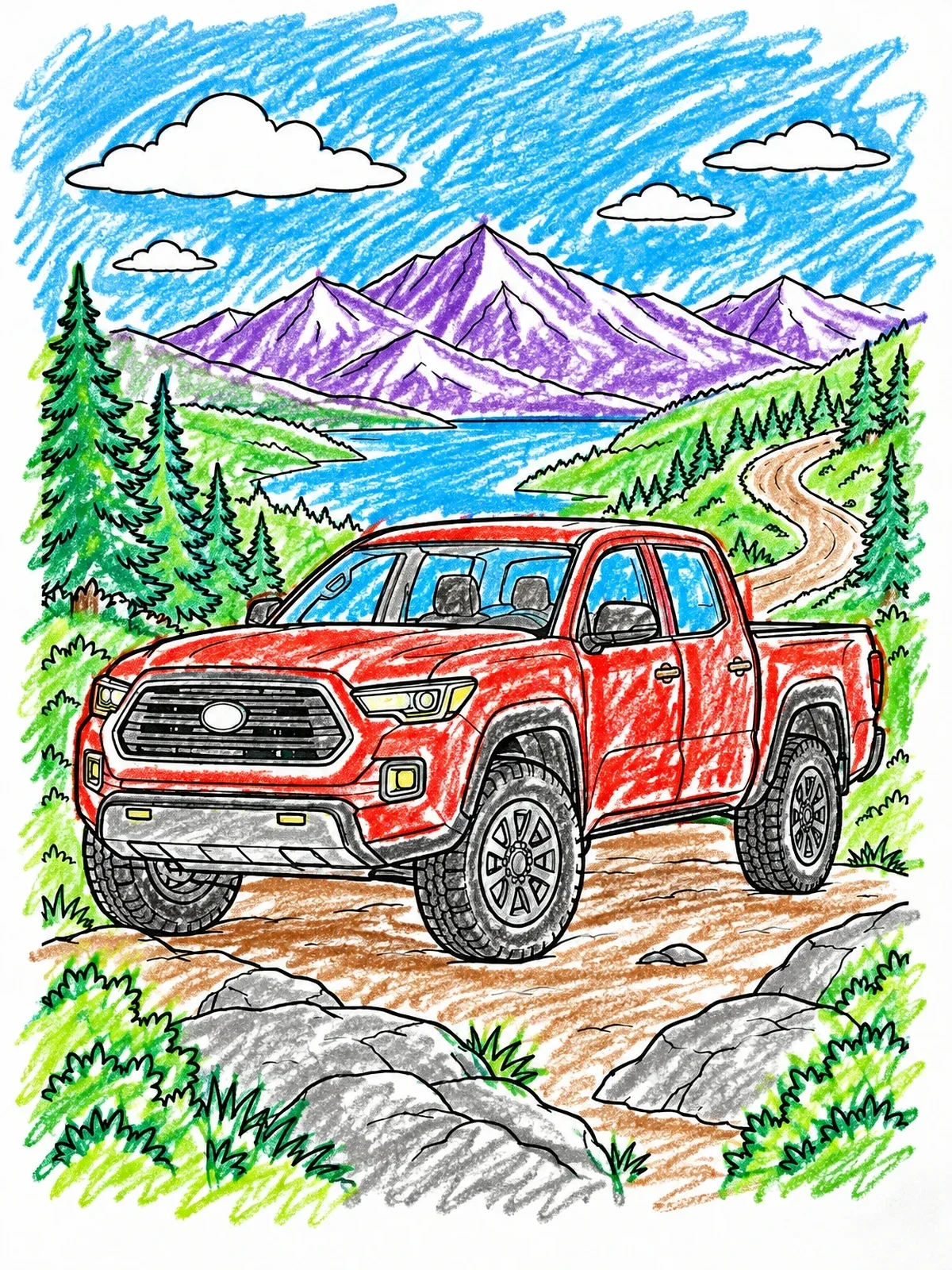 Colored example of the Pickup Truck On Mountain Trail coloring page
