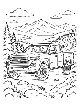 A pickup truck parked on a mountain overlook in this truck coloring page.