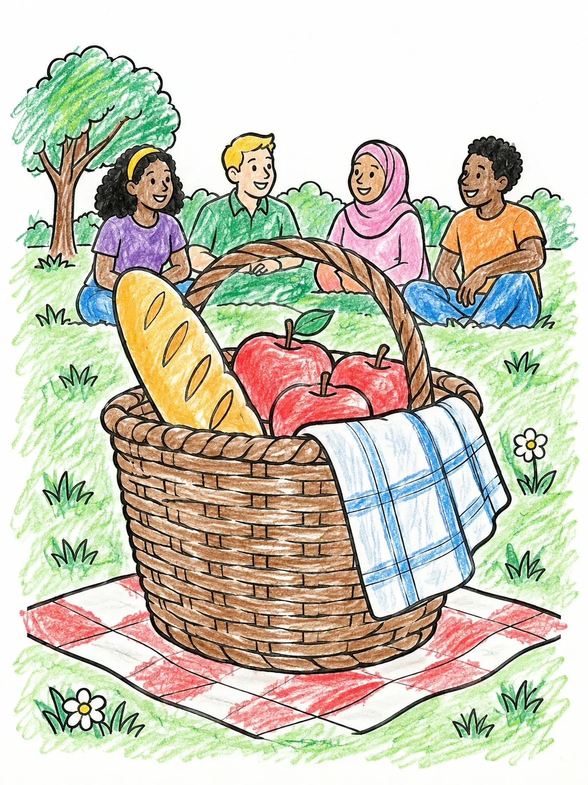 Colored example of the Picnic Basket And Friends Outdoors coloring page
