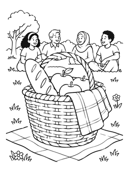 Free printable Picnic Basket And Friends Outdoors coloring page