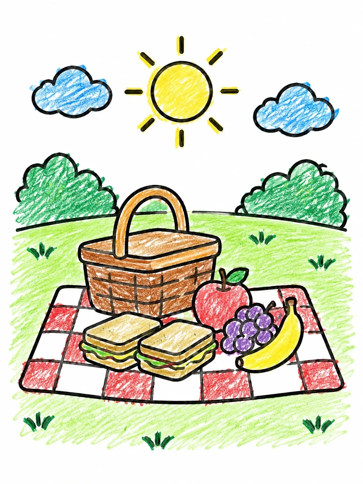 Colored example of the Picnic Basket And Tasty Snacks coloring page