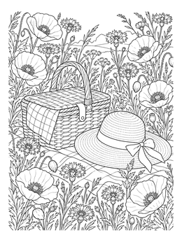 A picnic basket and sun hat in a field on this wild flower coloring page.