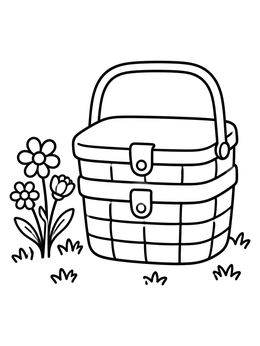 A picnic basket sits next to blooming flowers in this picnic coloring page.