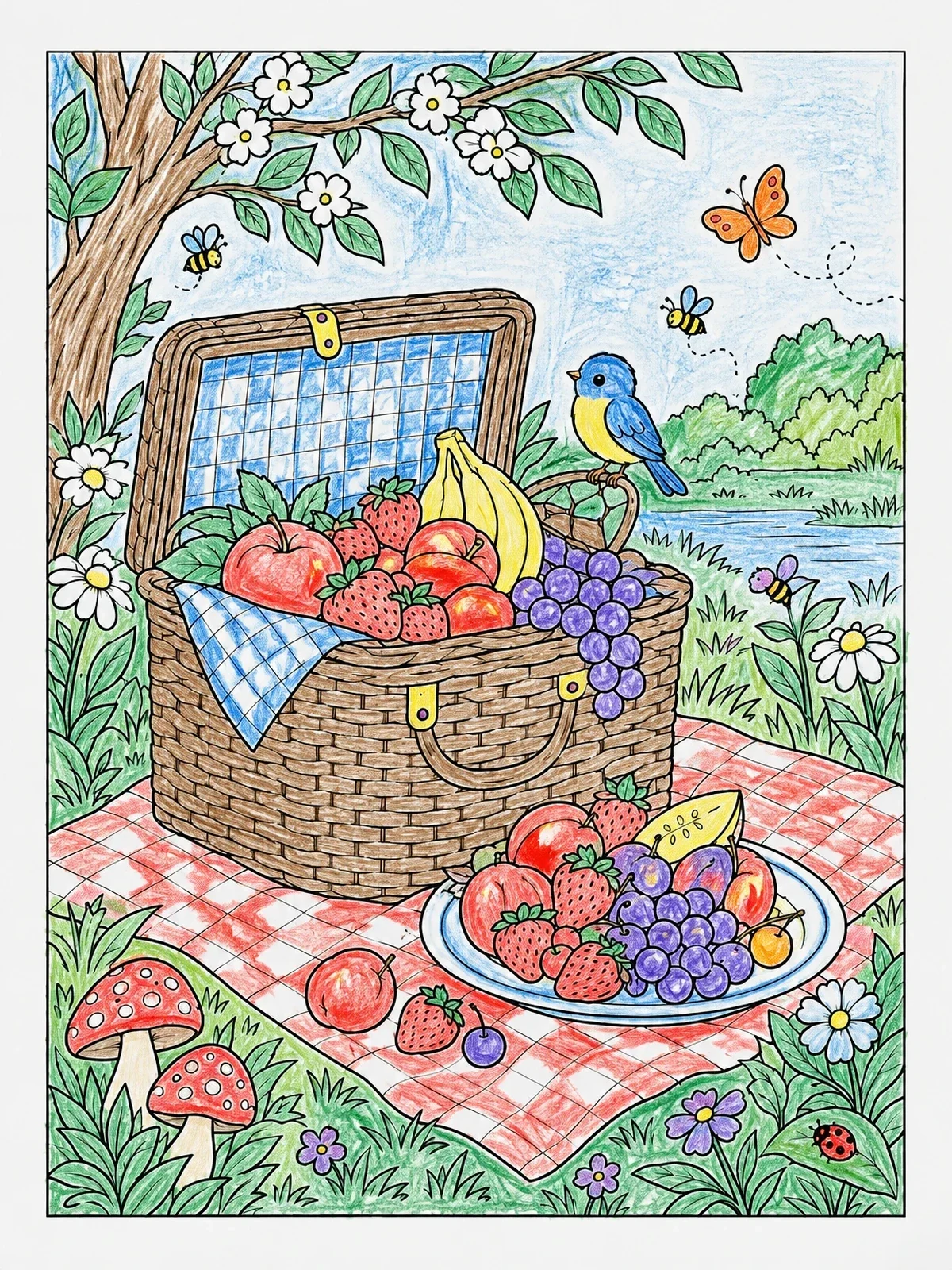 Colored example of the Picnic Basket Filled With Fresh Fruit coloring page