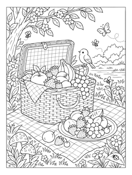 A sunny picnic basket and fruit coloring page outdoors.