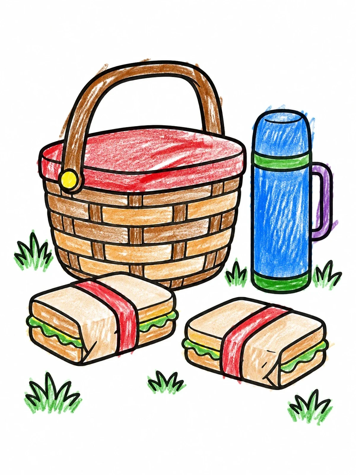 Colored example of the Picnic Basket With Sandwiches And Thermos coloring page