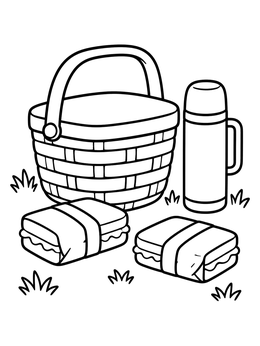 A picnic coloring page featuring a woven basket, thermos, and two wrapped sandwiches on grass.