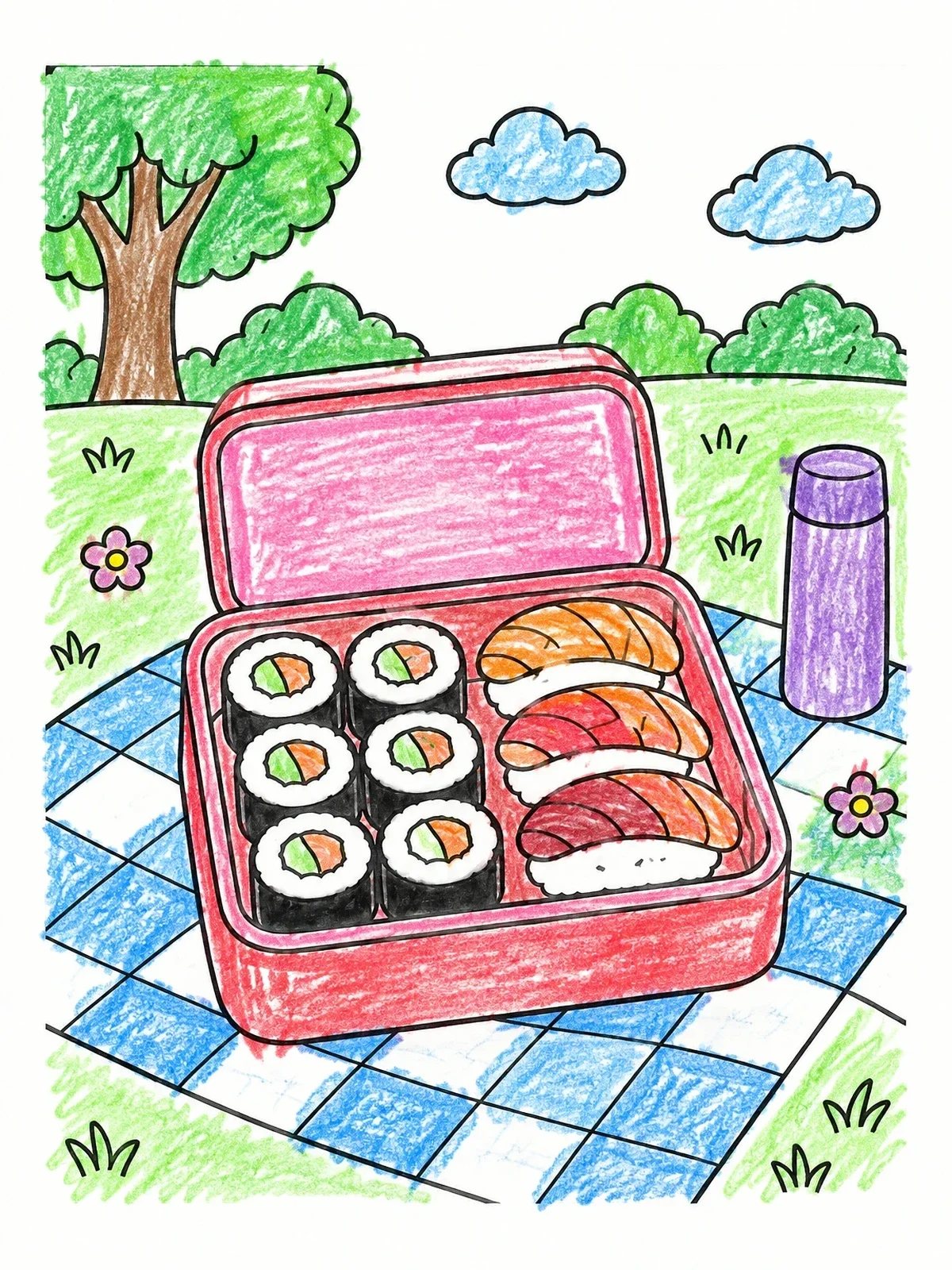 Colored example of the Picnic Bento Box With Sushi coloring page