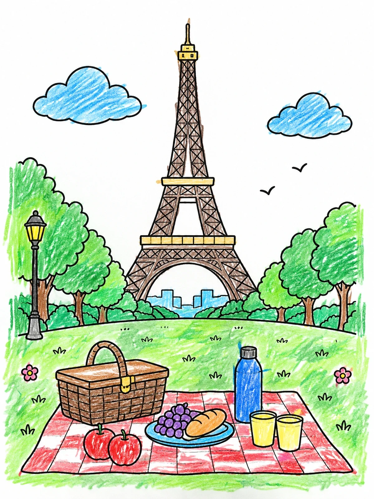 Colored example of the Picnic By The Eiffel Tower coloring page