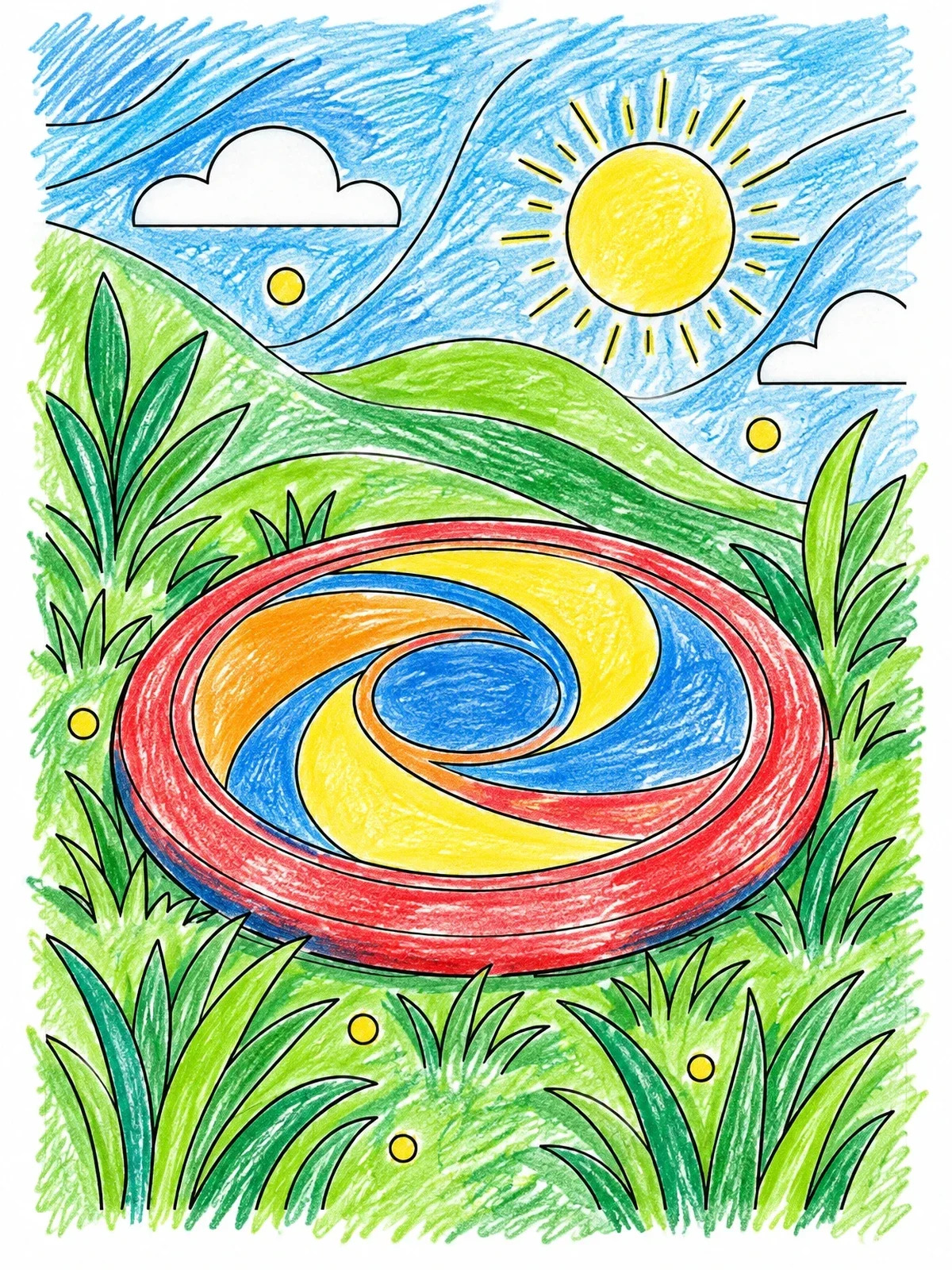 Colored example of the Flying Disc In The Grass coloring page