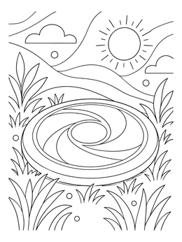 A flying disc rests on a grassy hill in this picnic coloring page under a bright sun.