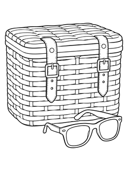 A woven picnic basket and sunglasses on this detailed picnic coloring page.