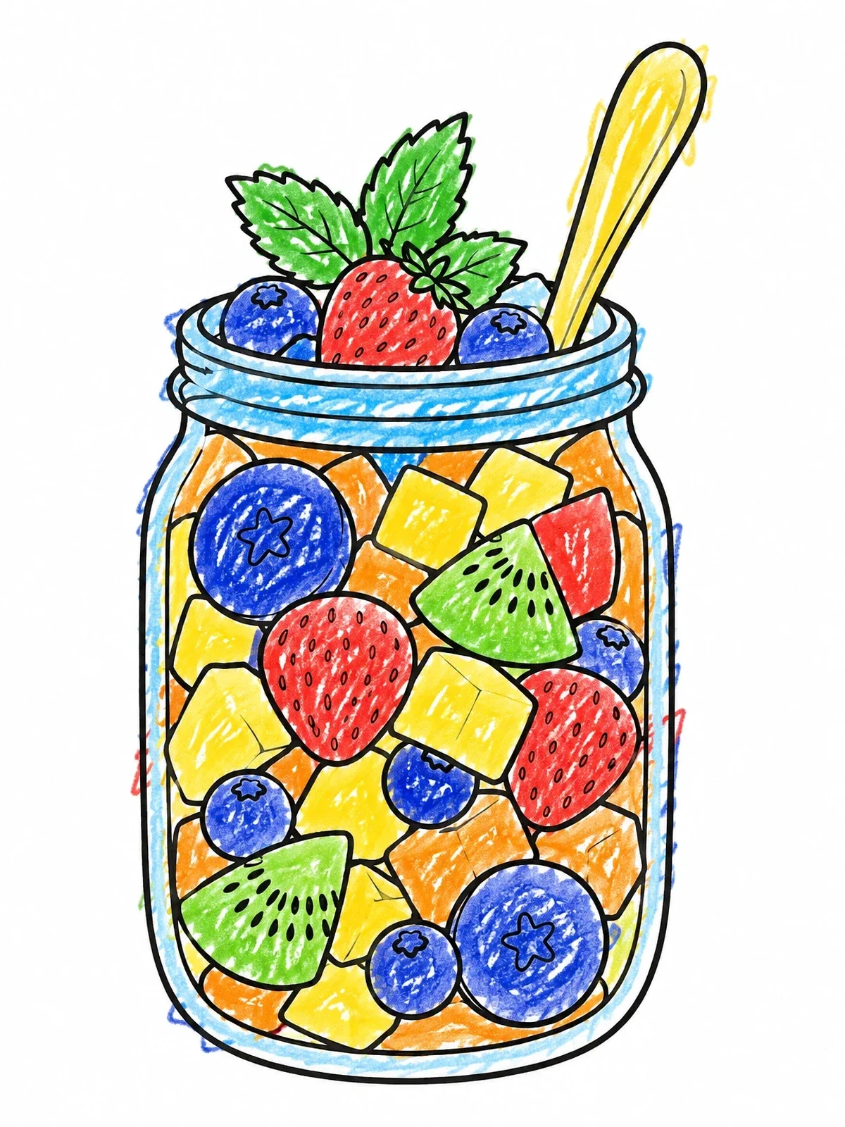Colored example of the Mason Jar Fruit Salad Snack coloring page