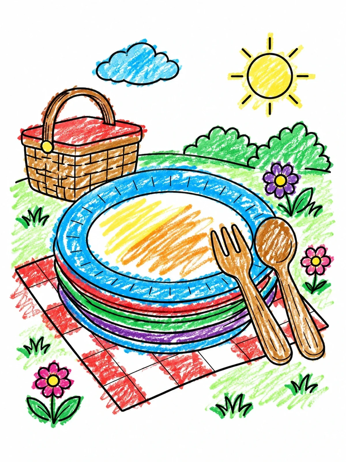 Colored example of the Picnic Plates With Basket Outdoors coloring page