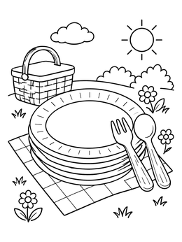Free printable Picnic Plates With Basket Outdoors coloring page