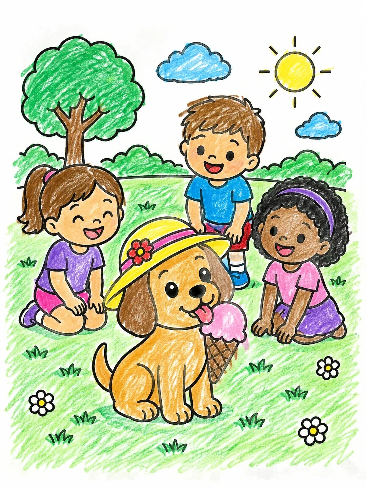 Colored example of the Puppy With Hat And Ice Cream coloring page