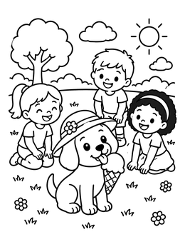 A cute puppy in a sun hat licking ice cream outdoors with kids on this picnic coloring page.