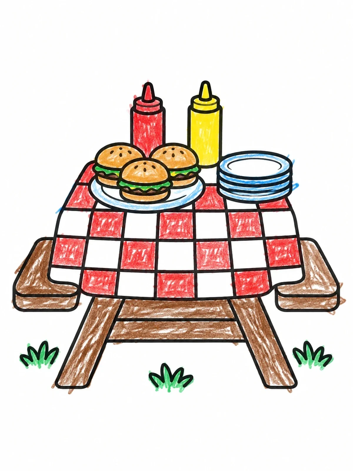 Colored example of the Picnic Table With Burgers And Condiments coloring page