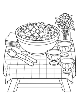 A summer picnic table arrangement in this fruit salad coloring page with dessert bowls and flowers.