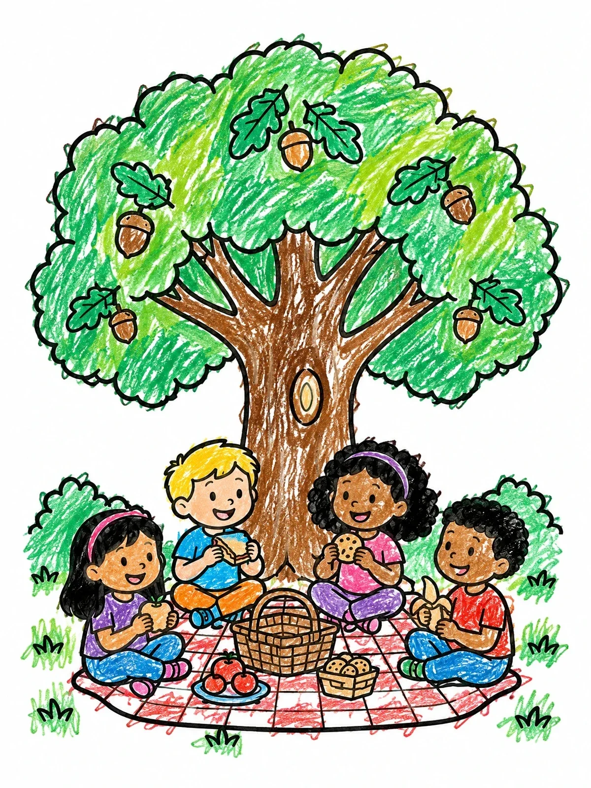 Colored example of the Picnic Under The Oak Tree coloring page
