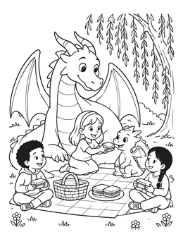 Free printable Picnic With Friendly Dragons coloring page
