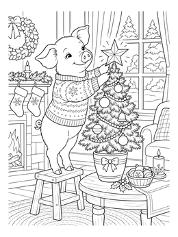 A sweet christmas pig coloring page showing a piglet placing a star on a miniature tree.