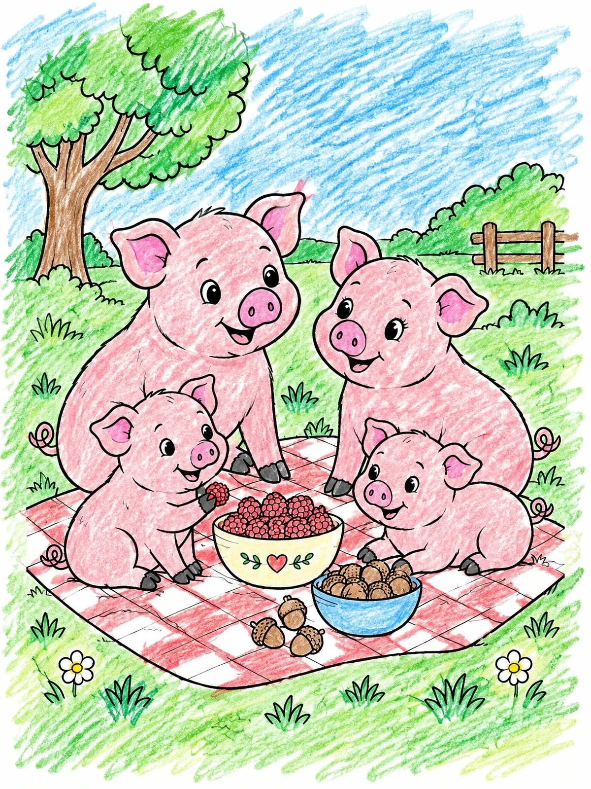 Colored example of the Pig Family Having A Picnic coloring page