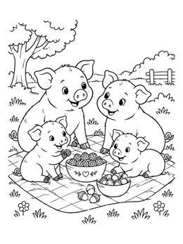 A cute pig coloring page showing a family of four pigs enjoying a berry picnic on a blanket outdoors.