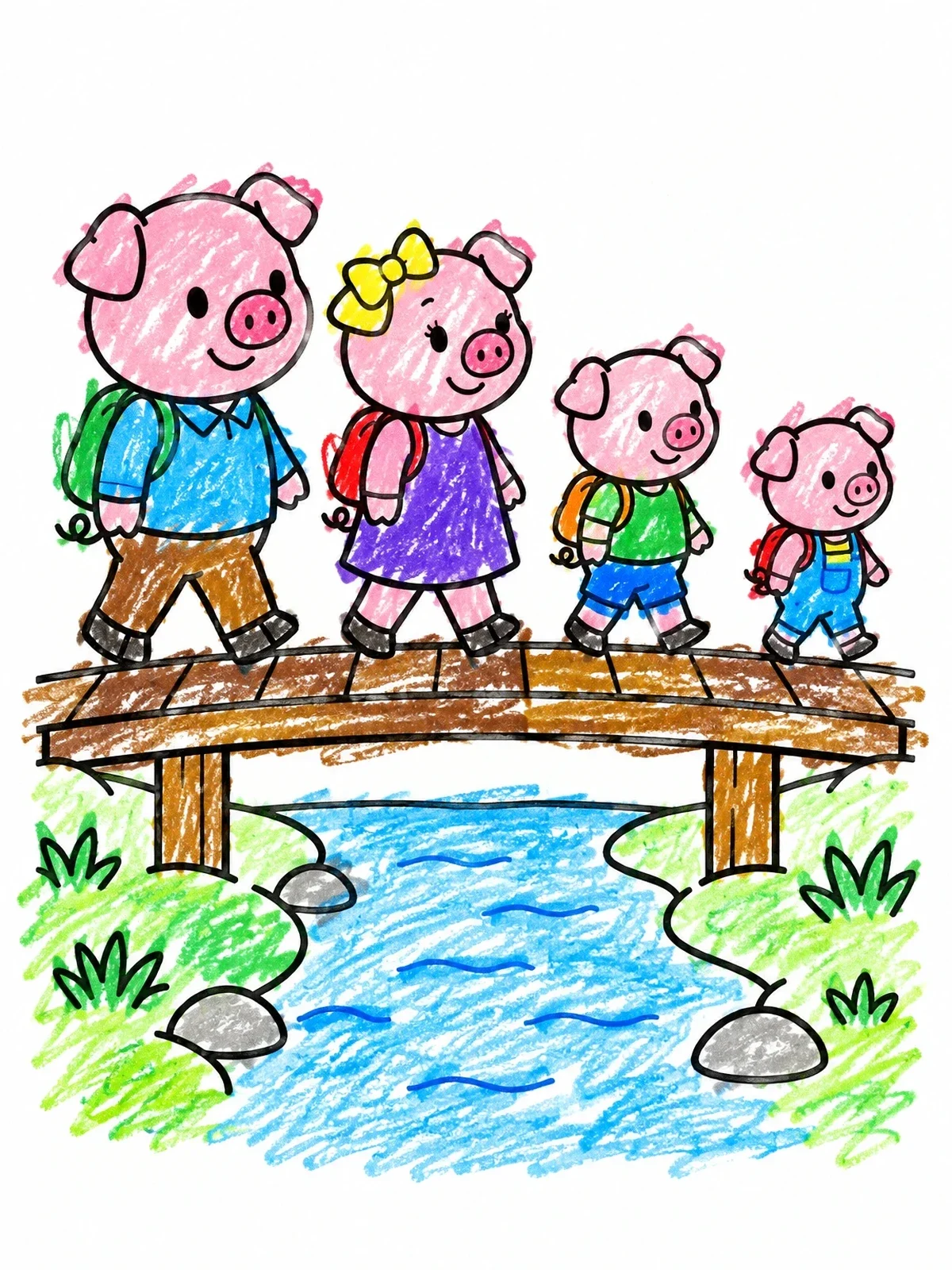 Colored example of the Pig Family Crossing Bridge coloring page