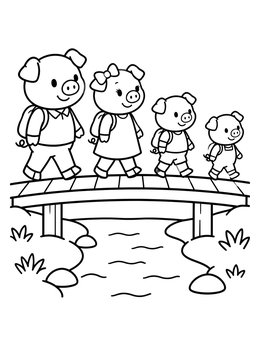 Free printable Pig Family Crossing Bridge coloring page