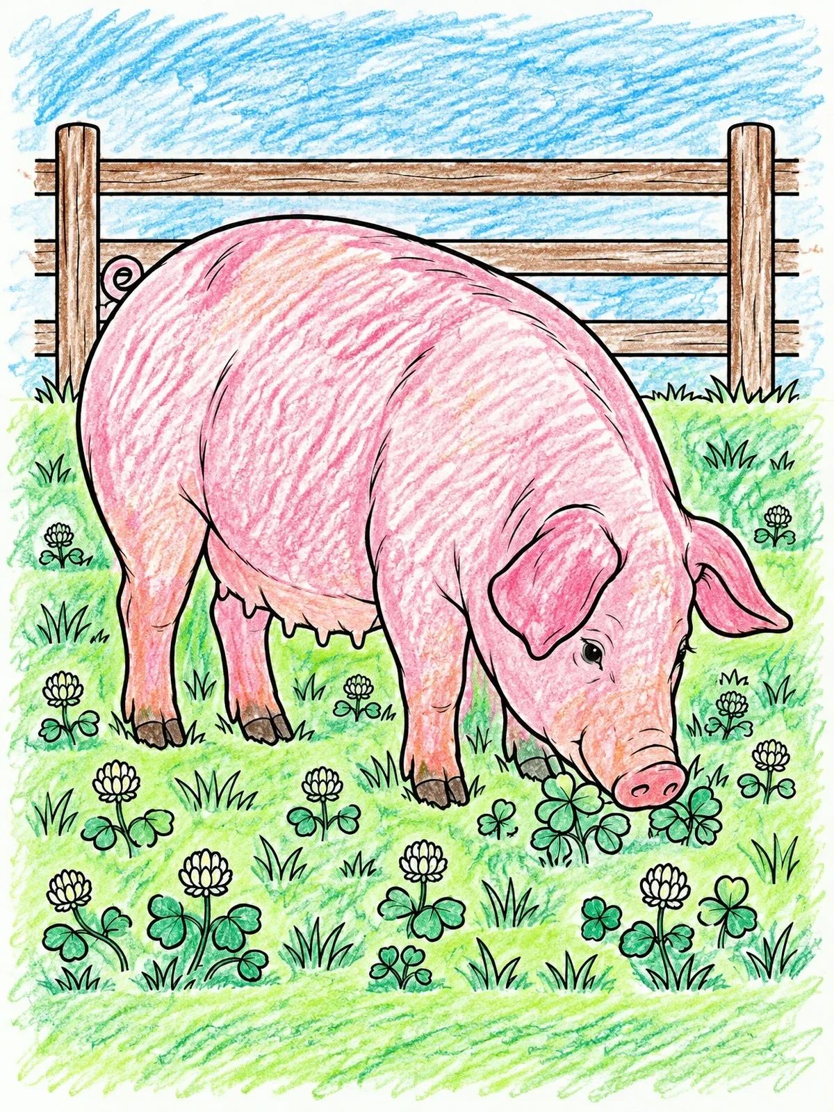 Colored example of the Pig Grazing In Clover Field coloring page