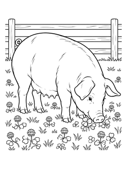 Detailed pig coloring page featuring a large sow grazing among clover flowers in front of a wooden fence.