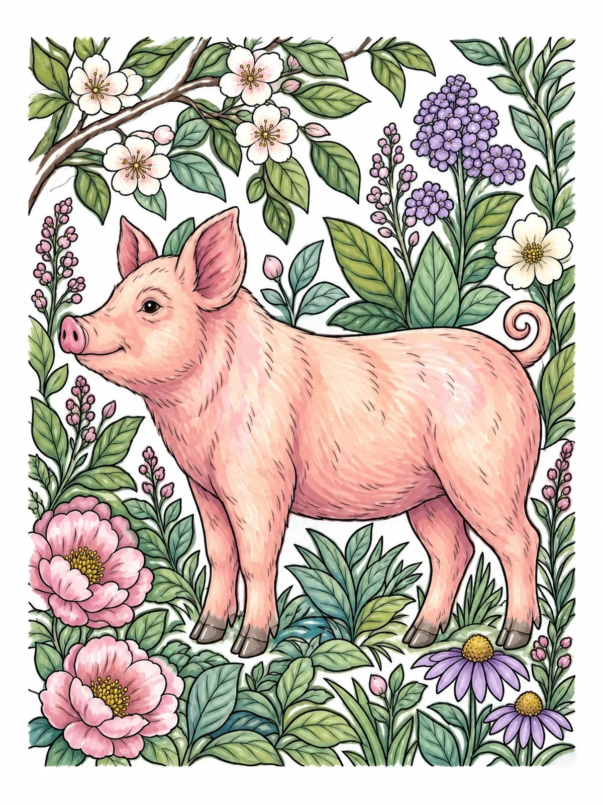 Colored example of the Pig In A Floral Garden coloring page