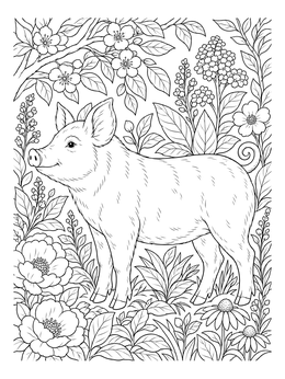 A detailed pig coloring page surrounded by blooming flowers and leafy plants.