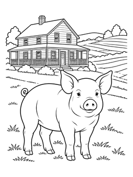 A cheerful pig stands in the yard in this farm coloring page with a country house.