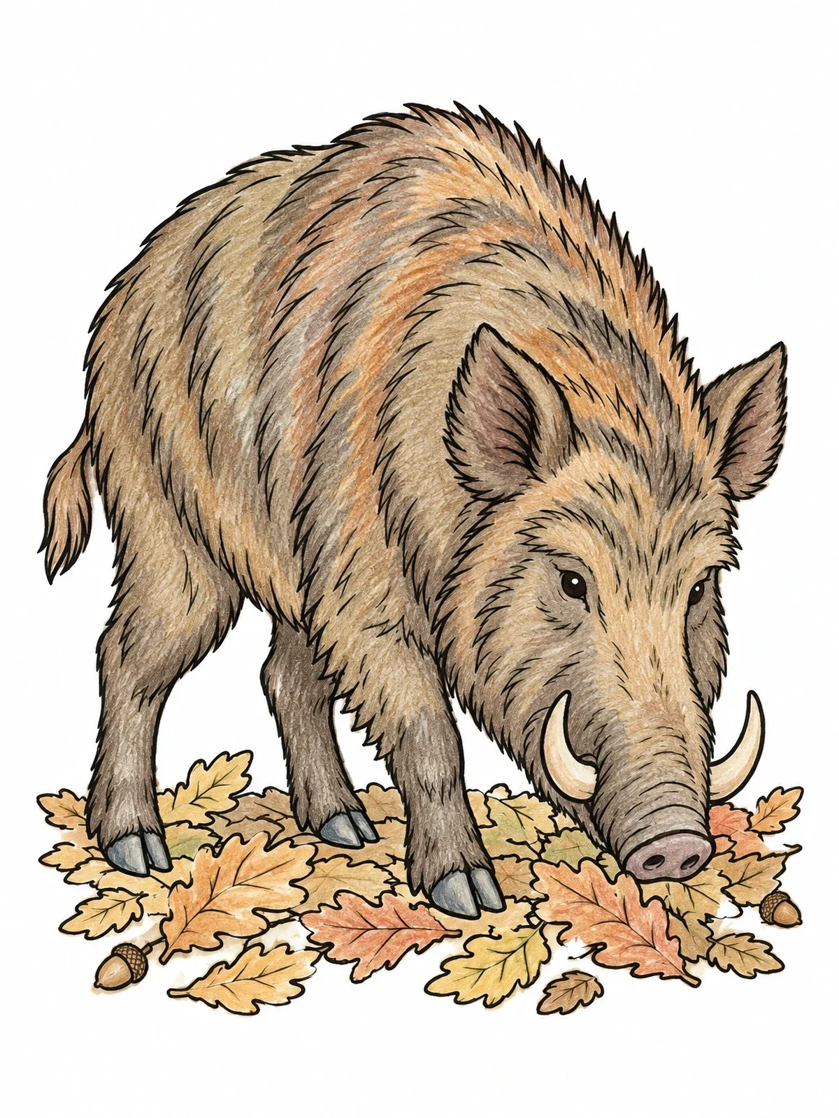 Colored example of the Wild Boar Foraging In Autumn Leaves coloring page