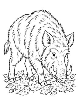 A wild pig coloring page featuring a bristly boar foraging among oak leaves and acorns.