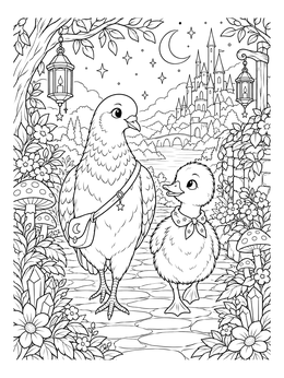 A friendly dove and duckling journey together in this magical pigeon coloring page.
