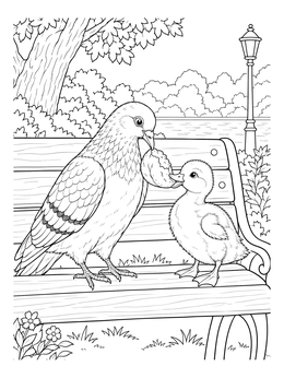 A friendly pigeon coloring page showing a pigeon sharing a bread roll with a duckling on a park bench.