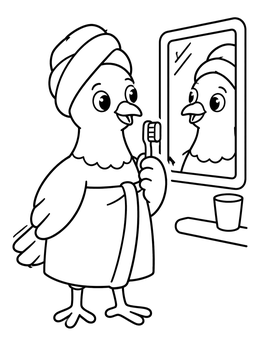 A cute pigeon coloring page with a bird in a bath towel brushing its beak by a mirror.