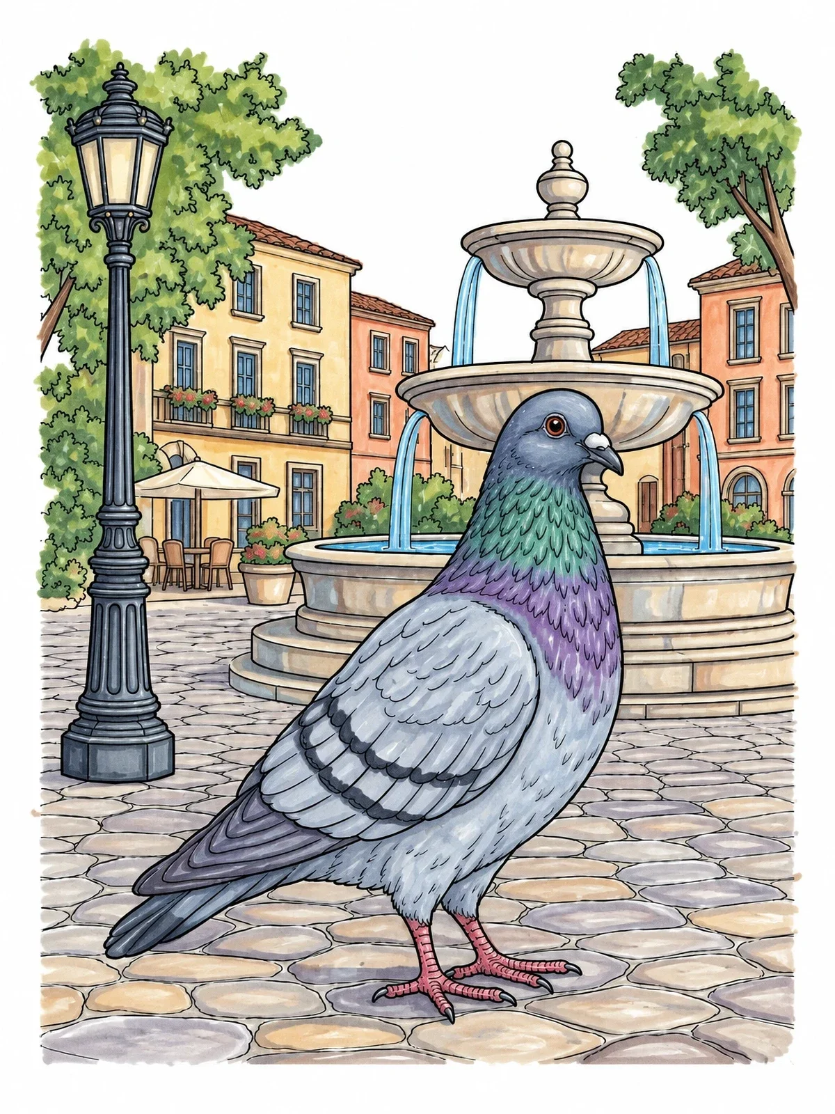 Colored example of the Pigeon In City Fountain Plaza coloring page