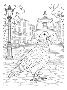 Detailed pigeon coloring page set before a tiered fountain and lamp in a town square.