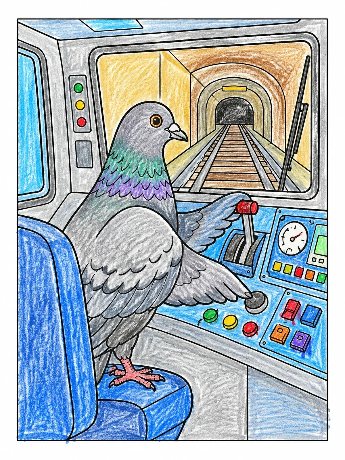 Colored example of the Pigeon Driving A Subway Train coloring page